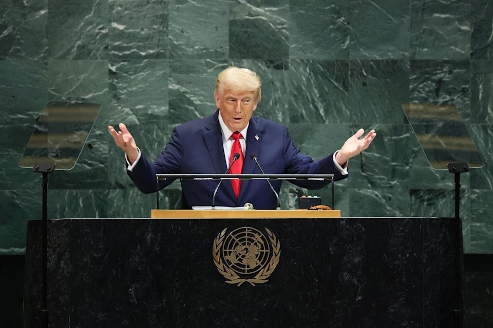 US President Donald Trump speaks during the 80th session of the UN’s General Assembly at the United Nations headquarters in New York on Sept. 23. Photographer: Michael M. Santiago/Getty Images