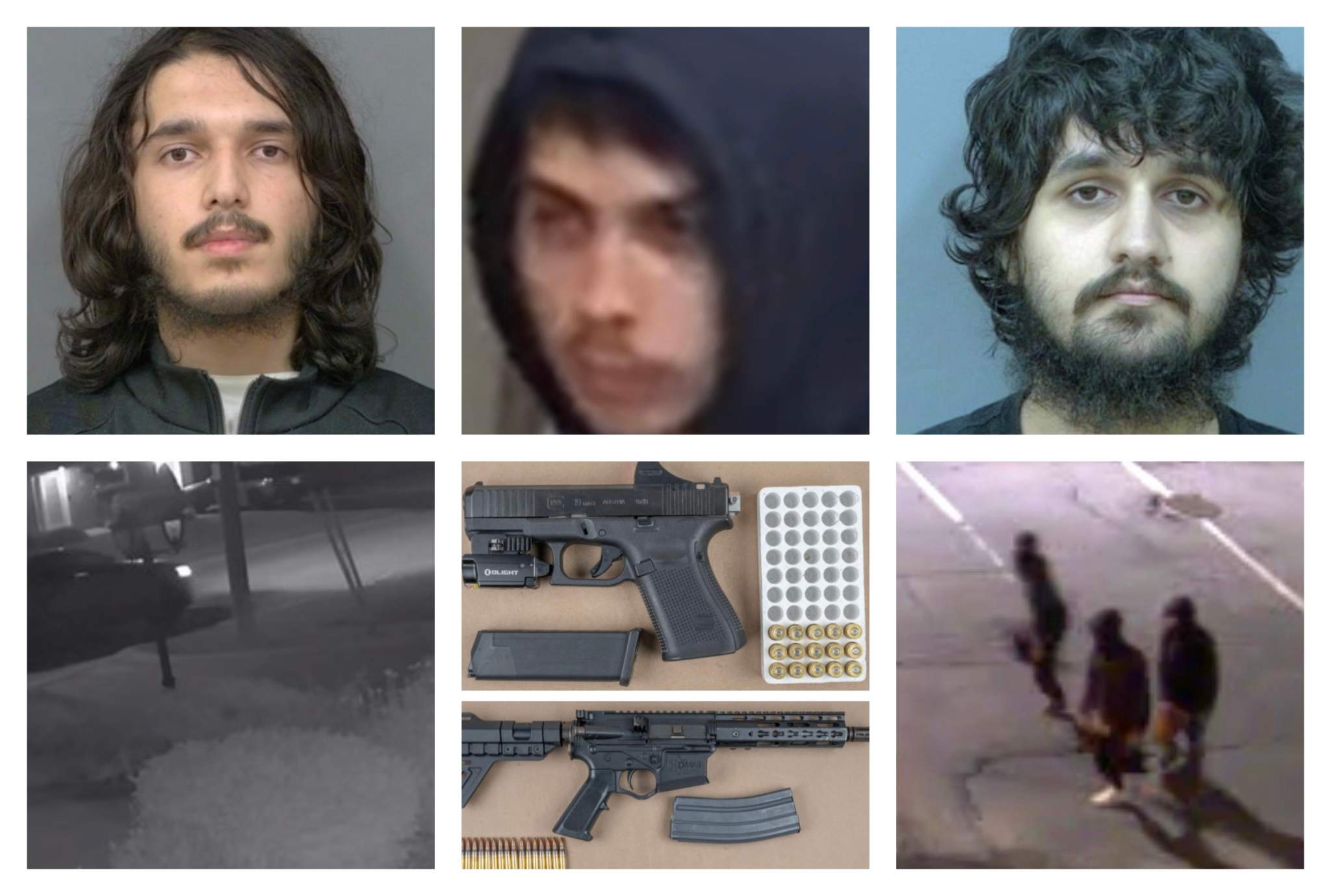 Fahad Sadaat, left, Osman Azizov, centre and Waleed Khan, above police photos of the suspect’s vehicle, seized firearms and, on the right, the suspects.